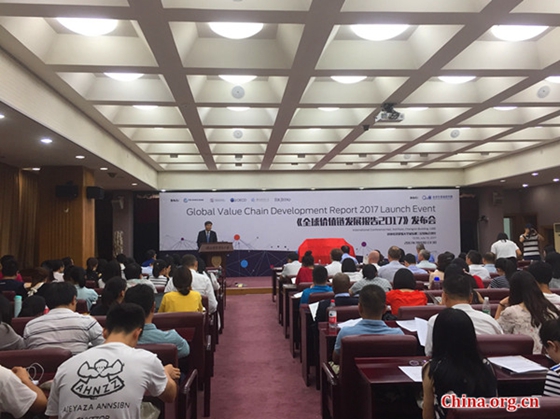 Professor Zhao Zhongxiu, vice president of the University of International Business and Economics, speaks at a launch event for 'The Global Value Chain Development Report 2017: Measuring and Analyzing the Impact of GVCs on Economic Development' held at the university in Beijing, July 10, 2017. [Photo/China.org.cn]