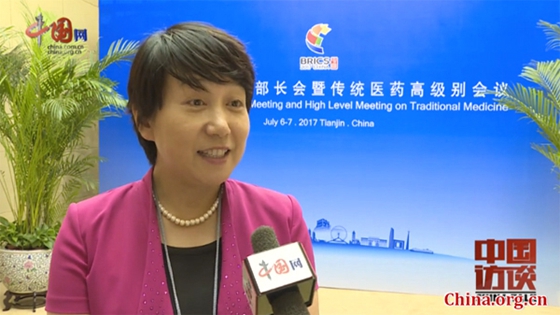 Wang Xiaopin, the director of the Department of Medical Administration of the State Administration of Traditional Chinese Medicine, gives an exclusive interview to China.org.cn on the sidelines of the BRICS Health Ministers Meeting held in Tianjin on July 6-7, 2017. [Photo/China.org.cn]