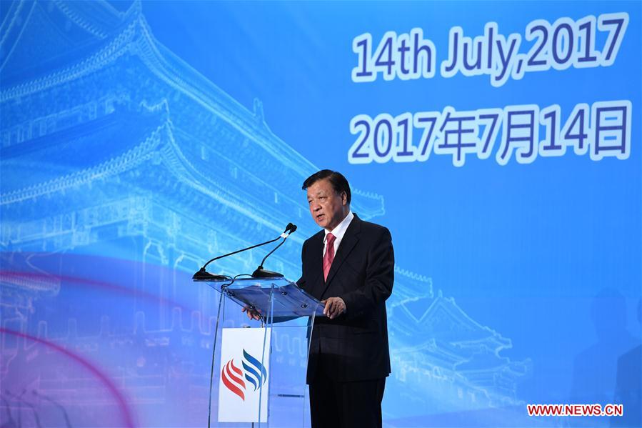 Liu Yunshan, a member of the Standing Committee of the Political Bureau of the Communist Party of China (CPC) Central Committee, delivers a keynote address at the political parties dialogue between China and the Central and Eastern European (CEE) countries in Bucharest, Romania, July 14, 2017. [Photo/Xinhua]
