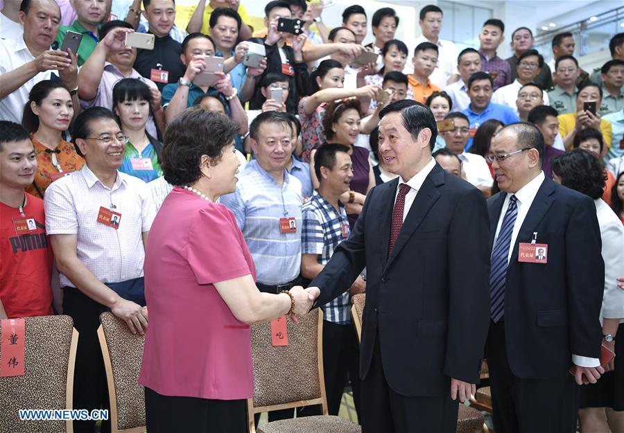 Liu Qibao, head of the Publicity Department of the Central Committee of the Communist Party of China, meets with representatives attending a national conference of the Chinese Quyi Artists Association in Beijing, capital of China, July 19, 2017. [Photo/Xinhua]