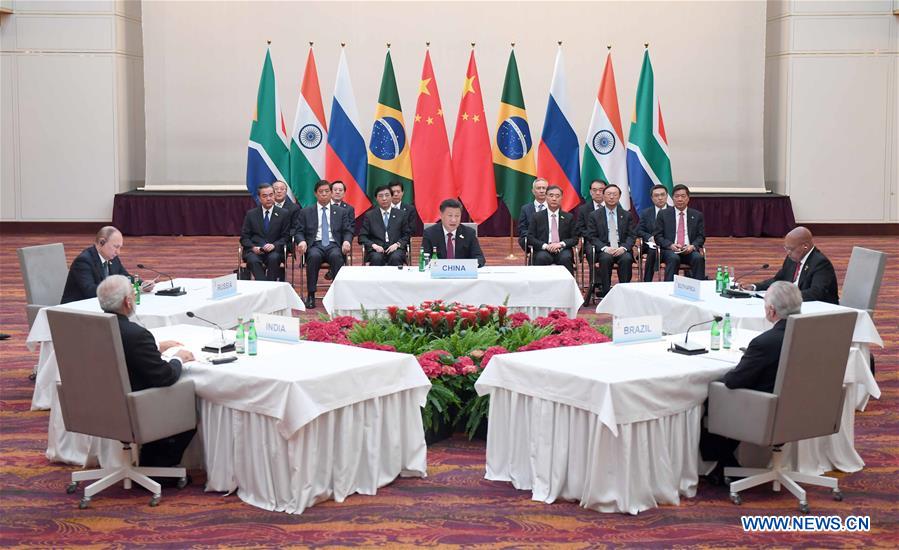 Chinese President Xi Jinping presides over an informal leaders' meeting of the emerging-market bloc, which groups Brazil, Russia, India, China and South Africa, in Hamburg, Germany, July 7, 2017. South African President Jacob Zuma, Brazilian President Michel Temer, Russian President Vladimir Putin and Indian Prime Minister Narendra Modi attended the meeting. [Photo/Xinhua]