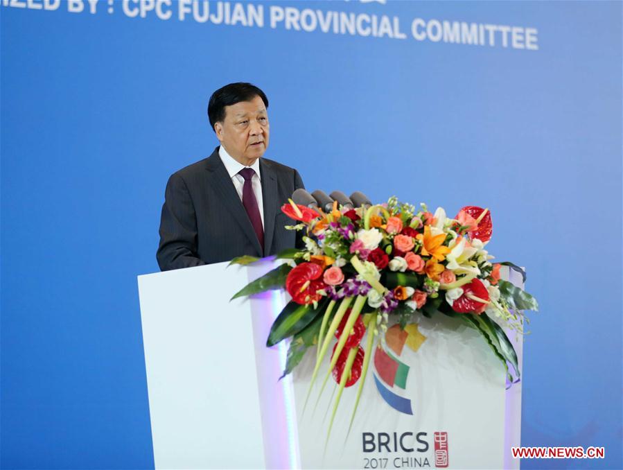 Liu Yunshan, a member of the Standing Committee of the Political Bureau of the Communist Party of China (CPC) Central Committee, addresses the opening ceremony of the BRICS Political Parties, Think-tanks and Civil Society Organizations Forum in Fuzhou, capital of southeast China's Fujian Province, June 11, 2017. [Photo/Xinhua]