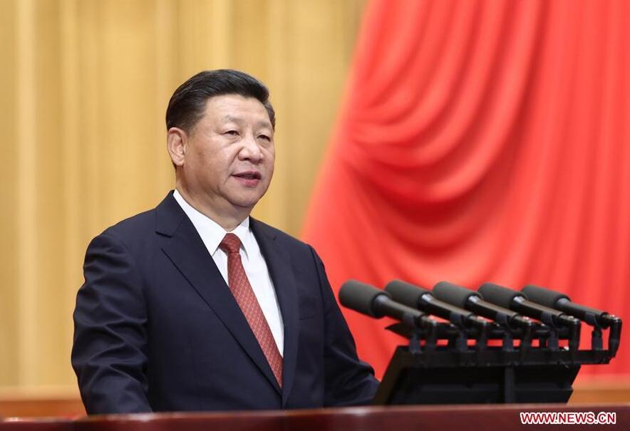 Chinese President Xi Jinping, also general secretary of the Communist Party of China Central Committee and chairman of the Central Military Commission, addresses a grand gathering in celebration of the 90th founding anniversary of the People&apos;s Liberation Army (PLA) at the Great Hall of the People in Beijing, capital of China, Aug. 1, 2017. [Xinhua/Ju Peng]