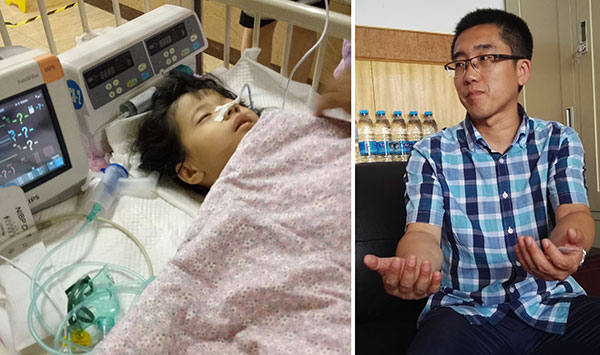 Six-year-old Mei Qingwen (left) is treated in the ICU at No 1 Affiliated Hospital of Harbin Medical University. Xiao Qi (right) shows how he tried to catch the falling girl.[Liu Mingxin/For China Daily]