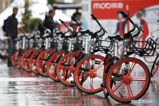 Mobikes are seen in Manchester, Britain on June 29, 2017. [Photo/Xinhua] 