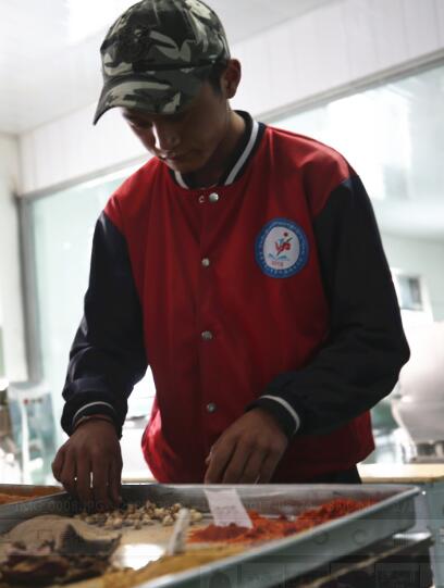 Yundan Zhaxi, a second-year student of Tibetan medicine major in the Second Middle Vocational School of Lhasa introduces Tibetan medicine in powder form in a model training laboratory of his school. [Photo / China.org.cn]