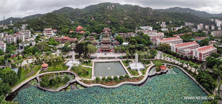 Aerial panoramic photo combined on Aug. 24, 2017 shows a part of Xiamen, a coastal city in southeast China&apos;s Fujian Province. The BRICS summit and the Dialogue of Emerging Markets and Developing Countries are to be held here from Sept. 3 to 5. (Xinhua/Li Xin)