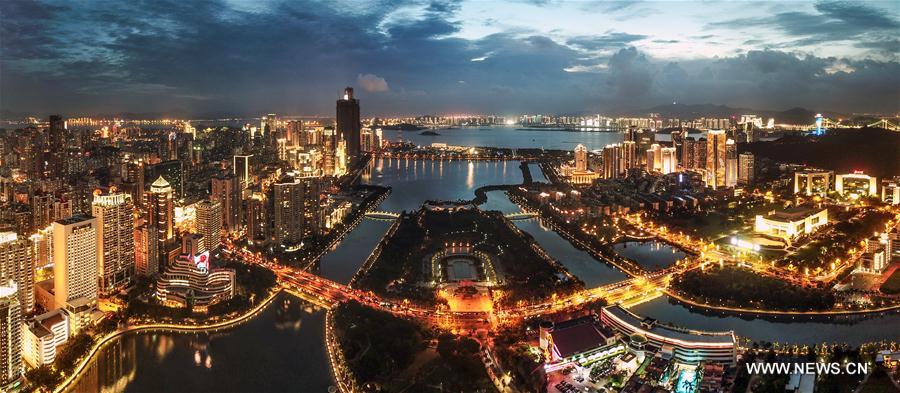 Aerial panoramic photo combined on Aug. 24, 2017 shows a part of Xiamen, a coastal city in southeast China&apos;s Fujian Province. The BRICS summit and the Dialogue of Emerging Markets and Developing Countries are to be held here from Sept. 3 to 5. (Xinhua/Li Xin)