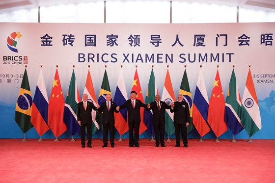 Leaders of the five BRICS countries meet in Xiamen, Fujian Province on Sept. 4. [Photo/China Pictorial]