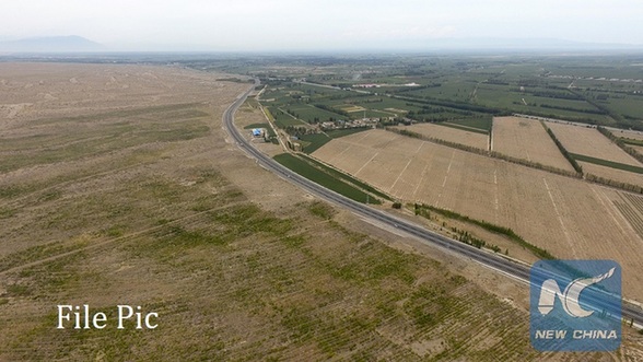 Aerial photo taken on Aug. 17, 2017 shows mulberry trees (L) planted on the desert in Jinghe County, northwest China's Xinjiang Uygur Autonomous Region. Jinghe County has carried out shelter forests program at the north edge of the desert since 2013, and nearly 20,000 mu (1,300 hectares) mulberry trees have been planted. [Photo/Xinhua]