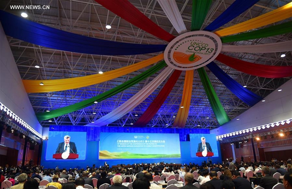 The 13th Session of the Conference of the Parties (COP 13) to the United Nations Convention to Combat Desertification (UNCCD) opens in Ordos, north China's Inner Mongolia Autonomous Region, Sept. 6, 2017. [Photo/Xinhua]