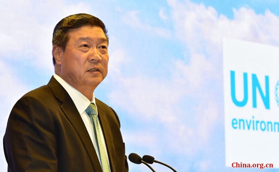 Wang Wenbiao, chairman of Elion Group, speaks at the press conference to launch the Kubuqi Business Model report during the 13th session of the Conference of the Parties (COP13) to the United Nations Convention to Combat Desertification (UNCCD) in Ordos City, Inner Mongolia Autonomous Region, on Sept. 11, 2017. [Photo by Han Lin/ China.org.cn]