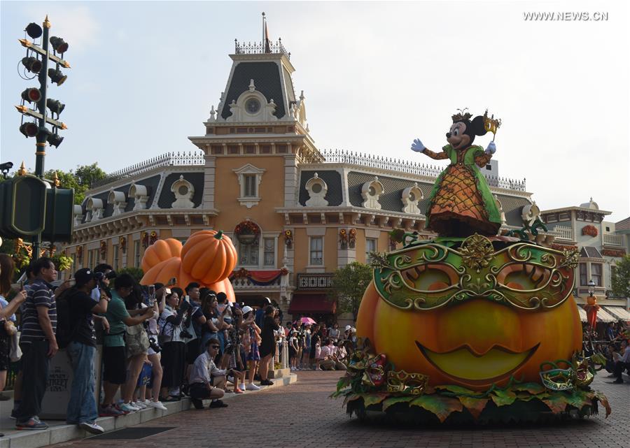 A Halloween parade is held during a press preview at the Hong Kong Disneyland in Hong Kong, south China, Sept. 13, 2017. The Hong Kong Disneyland will host Halloween party from Sept. 14 to Oct. 31. (Xinhua/Liu Yun) 