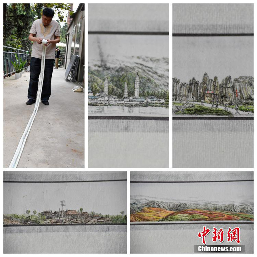 Rong Longquan shows his painting that is 8 meters long and 1.5 centimeters wide, Sept 12, 2017. [Photo/Chinanews.com.cn] 