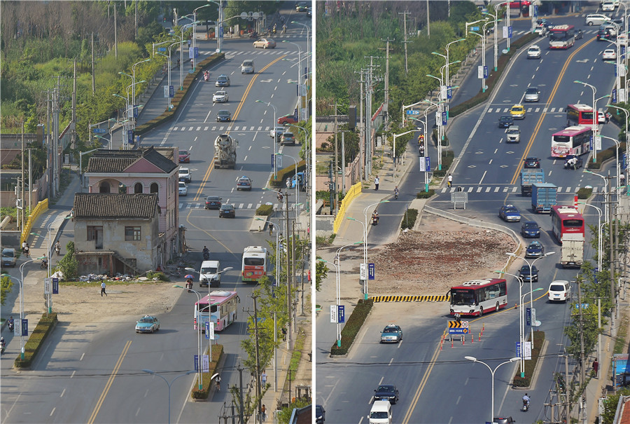 Images of North Huting Road in Shanghai before and after the three-story house was demolished. [Cao Lei/For China Daily] 