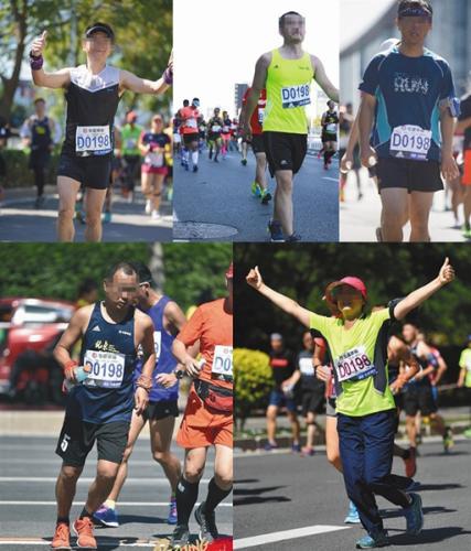 Pictures show five different runners wearing the same number during the Beijing International Marathon, September 17, 2017. [Photo/Beijing News]