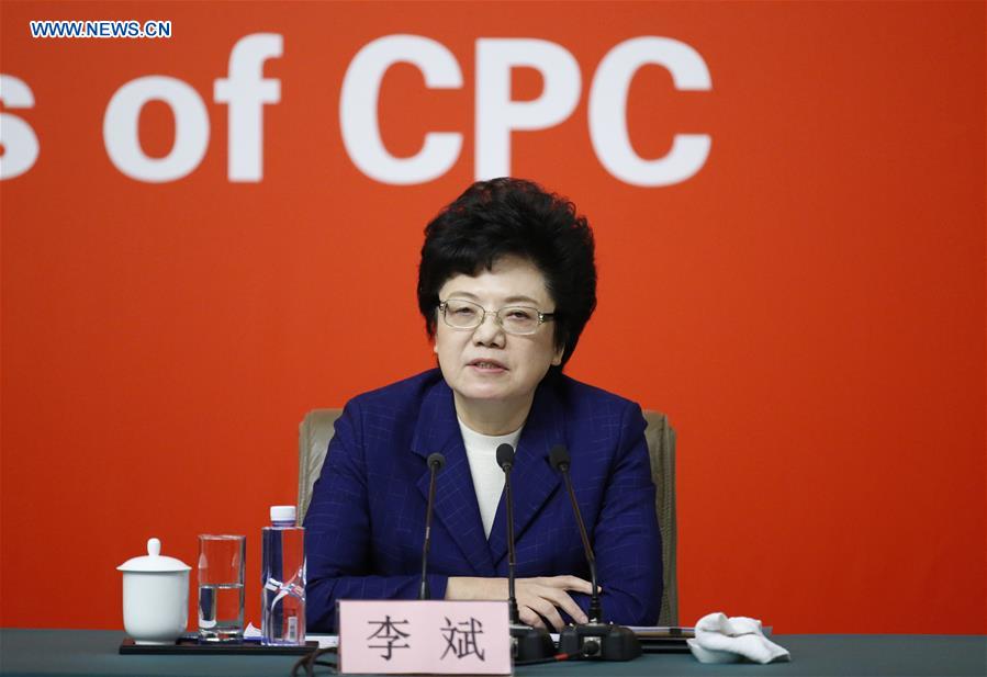 China's Minister of National Health and Family Planning Commission Li Bin speaks at a press conference held by the press center of the 19th National Congress of the Communist Party of China (CPC) in Beijing, capital of China, Oct. 22, 2017. The press conference was themed on securing and improving people's livelihood. [Photo/Xinhua]