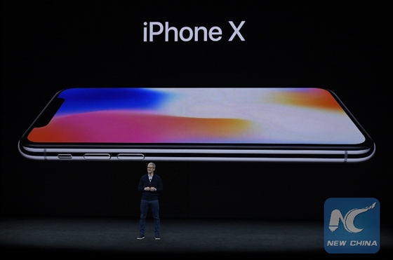 Apple's Chief Executive Officer (CEO) Tim Cook introduces new iPhone X during a special event in Cupertino, California, the United States on Sept. 12, 2017. [Photo/Xinhua]
