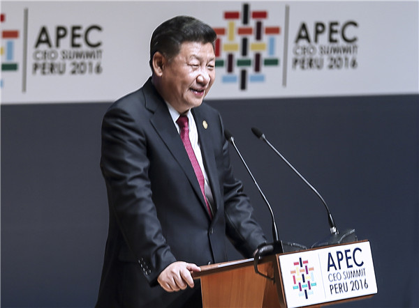 Chinese President Xi Jinping delivers a keynote speech at the Asia-Pacific Economic Cooperation CEO Summit held in Lima, capital of Peru, Nov 19, 2016. [Photo/Xinhua]