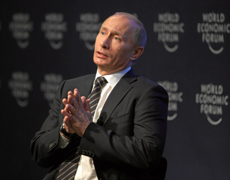 Russian Prime Minister Vladimir Putin addresses the 'Private Meeting of the Members of the International Business Council with Vladimir Putin' at the Annual Meeting 2009 of the World Economic Forum (WEF) in Davos, Switzerland, on January 29, 2009. [Xinhua]