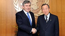 UN Secretary-General Ban Ki-moon (R) meets with British Prime Minister Gordon Brown at the United Nations headquarters in New York, the United States, on March 25, 2009. Ban said on Wednesday that he had 'very productive' talks with visiting British Prime Minister Gordon Brown on such issues as the upcoming G20 summit, scheduled for April 2 in London.