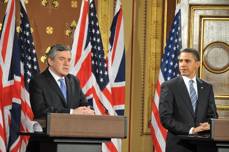 British Prime Minister Gordon Brown (L) speaks during a press conference held jointly with United States President Barack Obama in London on April 1, 2009. Brown held talks with Obama at No. 10 Downing Street in London on April 1. Both leaders will attend the Summit of the Group of 20 Countries on Financial Markets and World Economy, to be held in London on April 2. 