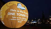 A balloon with 'This is the size of one tonne CO2' written on it is seen in Copenhagen, capital of Denmark, December 9, 2009, on the occasion of the United Nations Climate Change Conference.