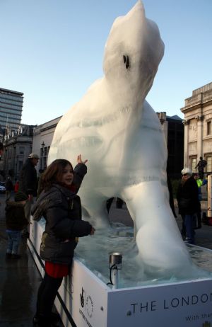 A little girl touches the melting ice sculpture of polar bear on the Trafalgar Square in London, Britain, December 12, 2009. 