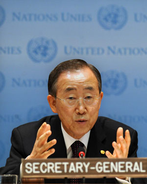 UN Secretary-General Ban Ki-moon speaks at a press conference at the UN headquarters in New York, the Unites States, December 14, 2009.