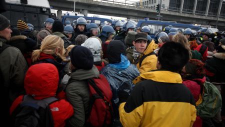 Protesters clash with policemen outside Bella center in Copenhagen, Denmark, December 16, 2009. 