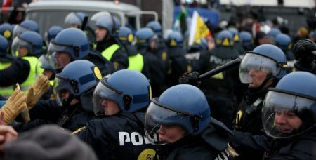 Protesters clash with policemen outside Bella center in Copenhagen, Denmark, December 16, 2009. 