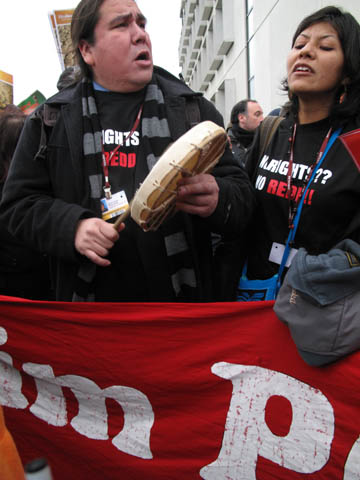 Clayton George Thomas-Muller, a member of the NGO Society for Theatened Peoples STP, chanted native Indian songs to motivate the protesters. 