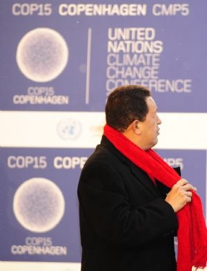 Venezuela&apos;s President Hugo Chavez arrives at the venue of the United Nations Climate Change Conference in Copenhagen, capital of Denmark, December 18, 2009.