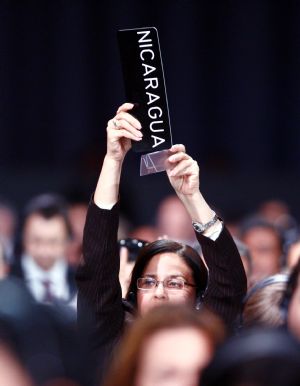 A delegate from Nicaragua tries to speak during a night plenary session at the United Nations Climate Change Conference in Copenhagen, capital of Denmark, December 19, 2009. 