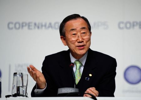 U.N. Secretary-General Ban Ki-moon attends a news conference during the UN Climate Change Conference in Copenhagen, capital of Denmark, on Dec. 19, 2009. United Nations Secretary General Ban Ki-moon called here Saturday for a legally binding treaty on climate change as soon as possible in 2010.