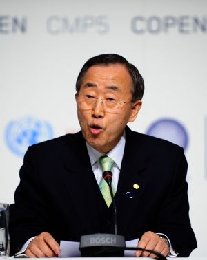 U.N. Secretary-General Ban Ki-moon attends a news conference during the UN Climate Change Conference in Copenhagen, capital of Denmark, on Dec. 19, 2009. United Nations Secretary General Ban Ki-moon called here Saturday for a legally binding treaty on climate change as soon as possible in 2010.