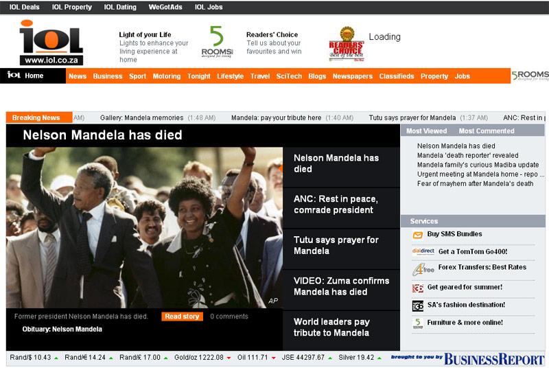 南非独立报网站头版专题报道：曼德拉逝世
