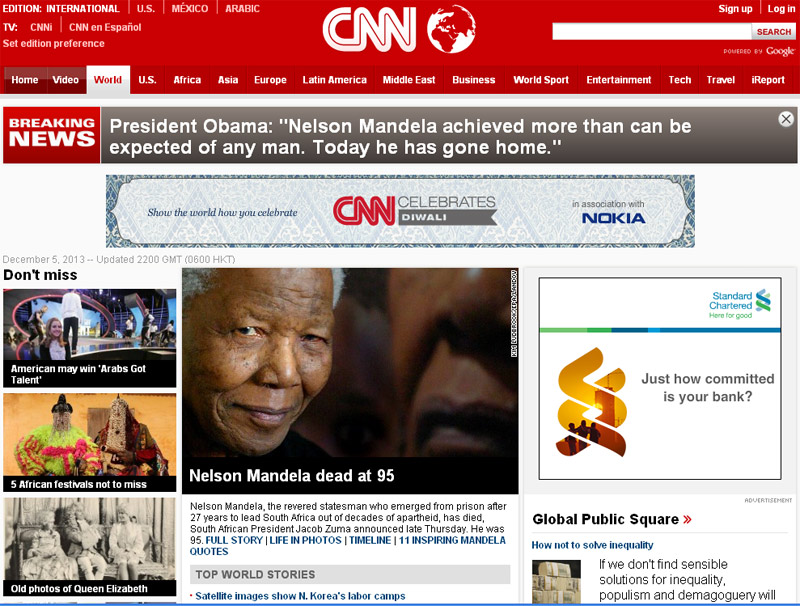 美国CNN网站头版图片报道：曼德拉逝世