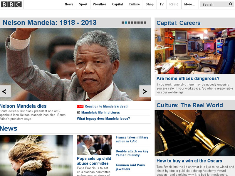 英国BBC网站头版回顾报道曼德拉一生
