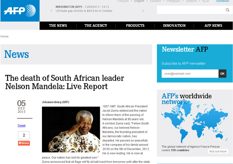 法国AFP网站头版滚动报道曼德拉逝世