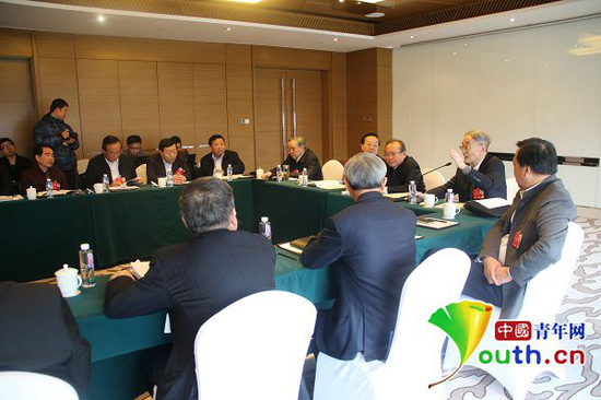 全国政协常委、北京大学光华管理学院名誉院长厉以宁在经济界小组讨论会上就偏远地区脱贫、农民搬迁问题，向其他委员分享实地考察经验。中国青年网记者 任润波 摄