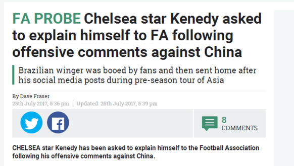 英足总关注肯尼迪辱华事件要其就此作出解释