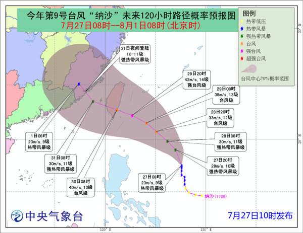 今年第9号台风“纳沙”未来120小时路径概率预报图（中央气象局制）