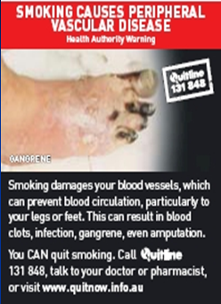 A warning on Australian cigarette packaging portrays some gruesome health hazards of smoking.