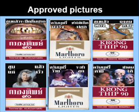 Winning health warning pictures in a design competition are used on cigarette packaging in Thailand.