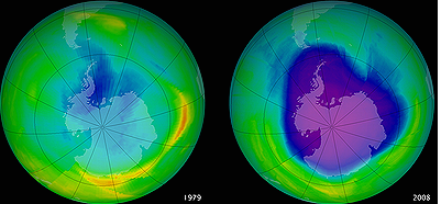 The Antarctic ozone hole in 1979, left, grew to encompass nearly all of the continent in 2008. 