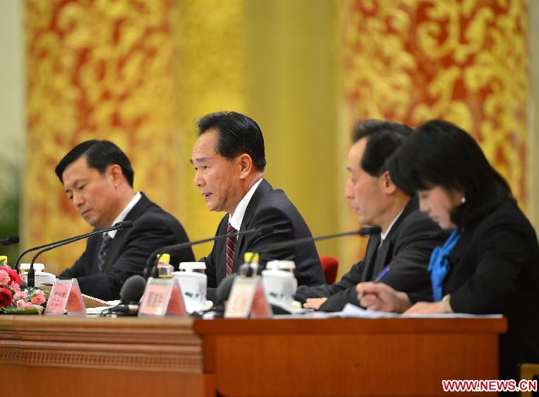 Cai Mingzhao (2nd L), spokesman of the 18th National Congress of the Communist Party of China (CPC), speaks at the first press conference of the 18th CPC National Congress at the Great Hall of the People in Beijing, capital of China, on Nov. 7, 2012. The 18th CPC National Congress will be opened in Beijing on Thursday. [Photo/Xinhua]
