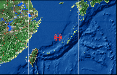 An earthquake monitoring image published by the China Earthquake Administration. The two bright dots off the northeast coast of Taiwan are the Diaoyu Islands. 