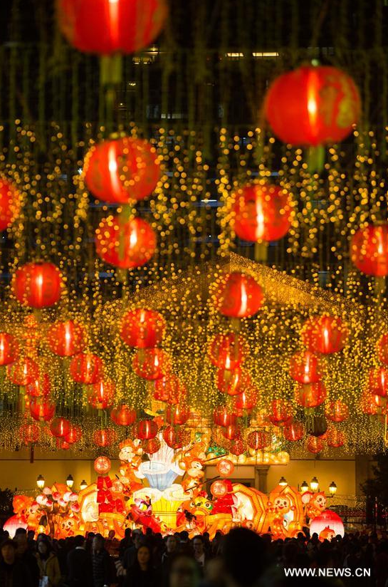 Lanterns are hung up to greet the upcoming Spring Festival in Macao, south China, on Jan. 29, 2016. The Spring Festival, or the Chinese Lunar New Year, will fall on February 8 this year. According to Chinese zodiac, 2016 is the Year of the Monkey. (Xinhua/Cheong Kam Ka)