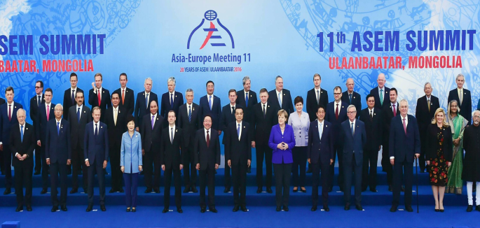 Chinese Premier Li Keqiang (C, front) poses for a group photo with other leaders during the 11th Asia-Europe Meeting (ASEM) Summit in Ulan Bator, Mongolia, July 15.